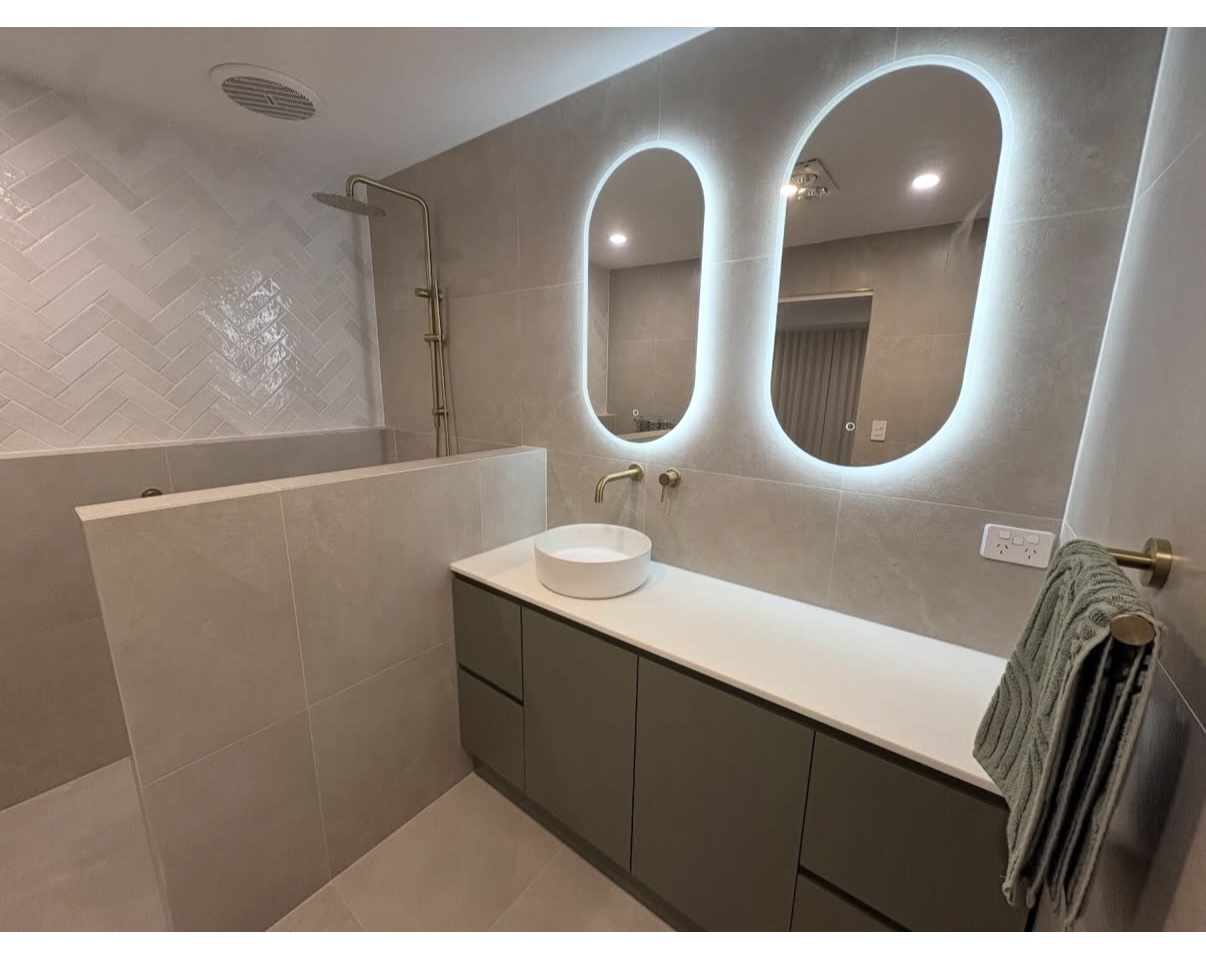 Inside view of a finished tiling project with modern fixtures